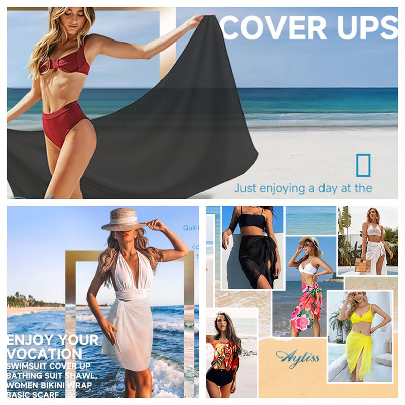 Ayliss Womens Swimwear Chiffon Cover up Solid Color Printed Beach Sarong Swimsuit Wrap Skirt Bathing Bikini Resort Wear (#2 Black) - Image 2